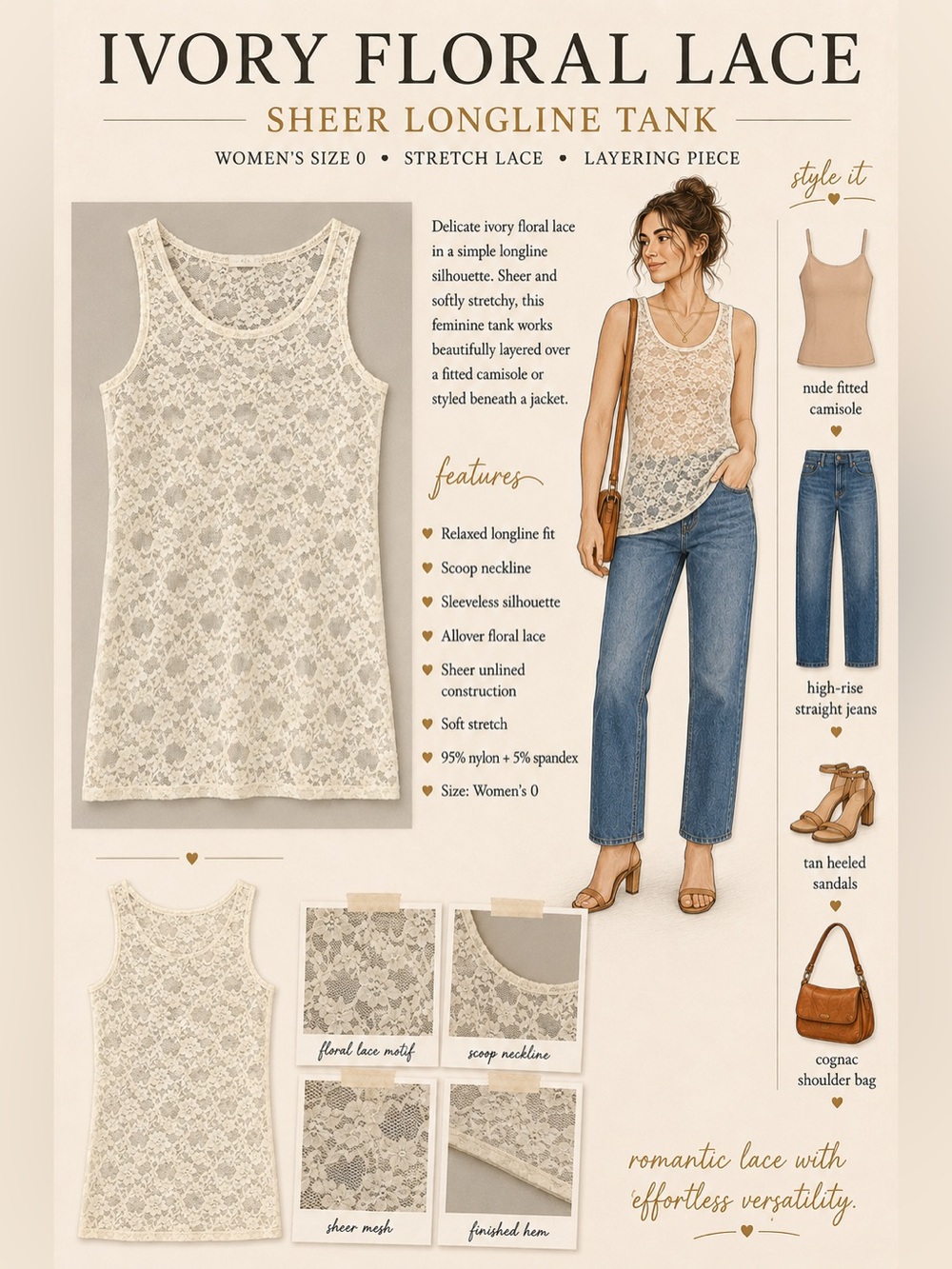 Ivory Floral Lace Shear Tank Size 0